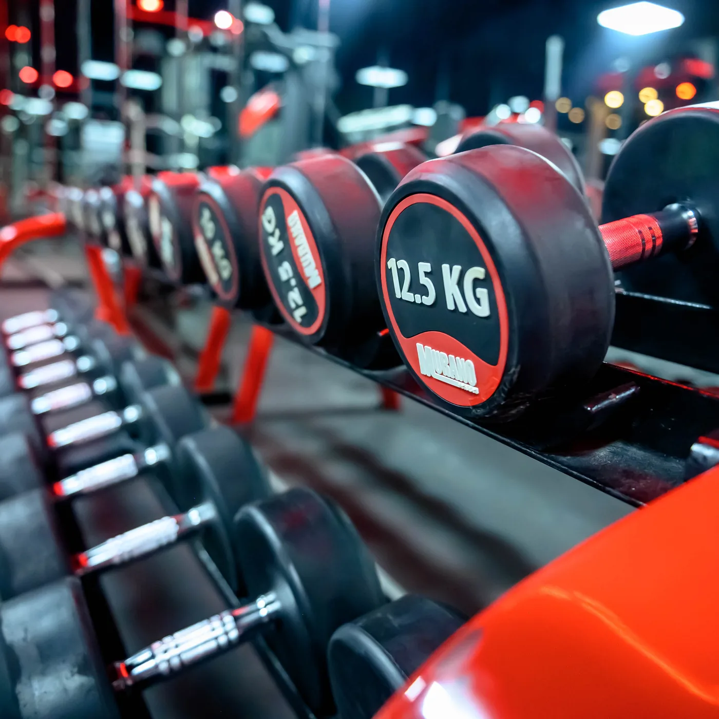 Al Khuwair 3 Elevate gym in Al Khuwair, Muscat — row of red-and-black 12.5 kg dumbbells on the rack