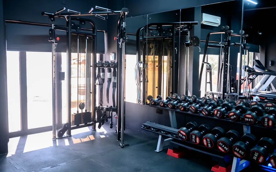 Elevate ladies-only studio in Azaiba &mdash; cable rig by the window with dumbbell rack behind