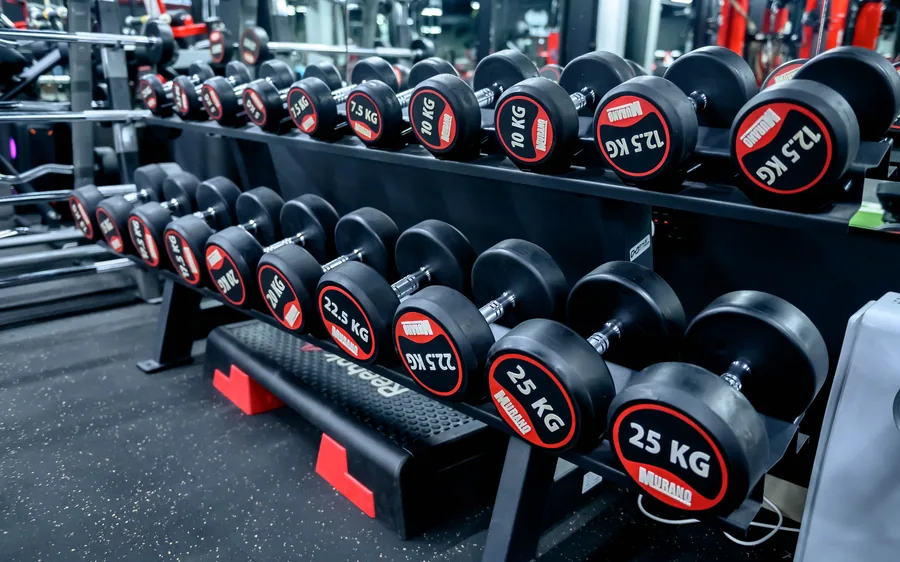 Rubber dumbbell rack at the Elevate studio in Madinat Qaboos